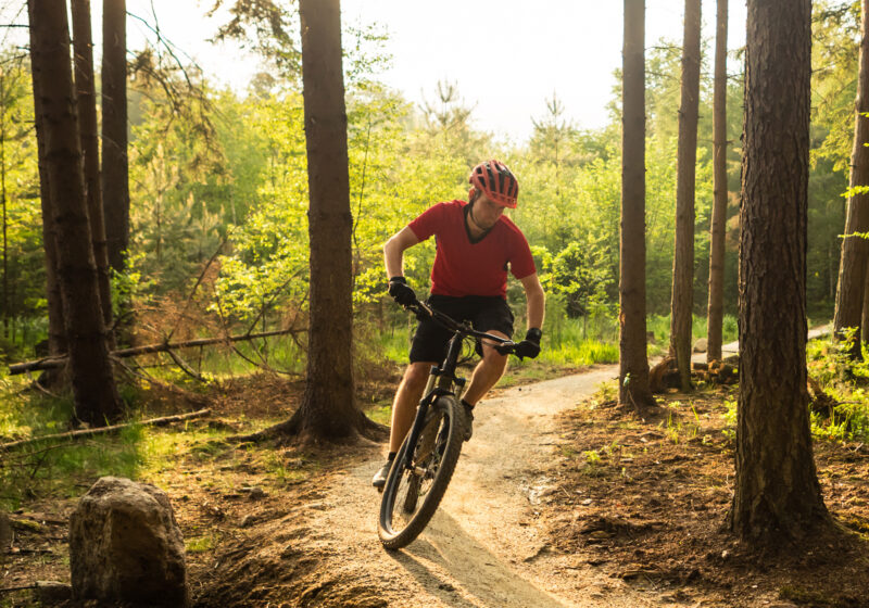 man riding mountain bike on tree-lined trail
