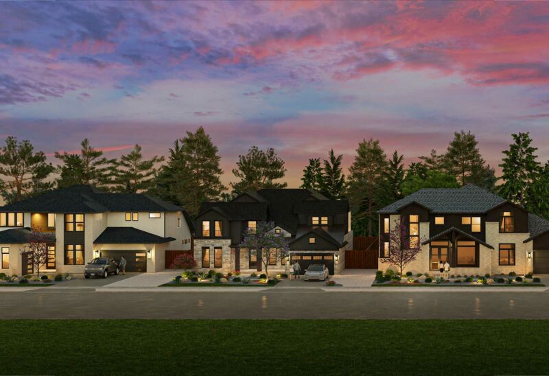 A street-view rendering of new homes in the Colton community.